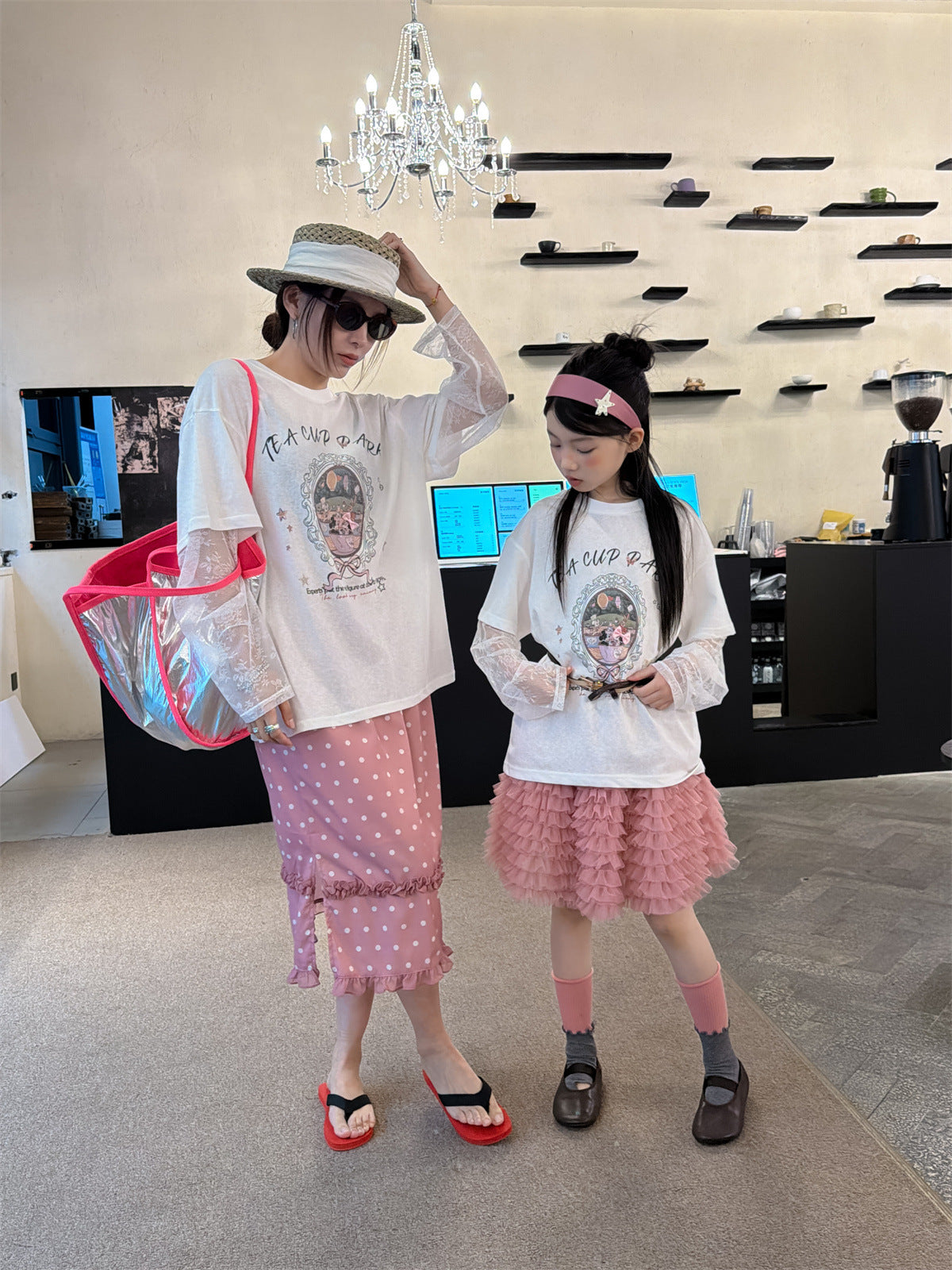 【100-160cm】【親子裝】假兩件蕾絲長袖防曬T