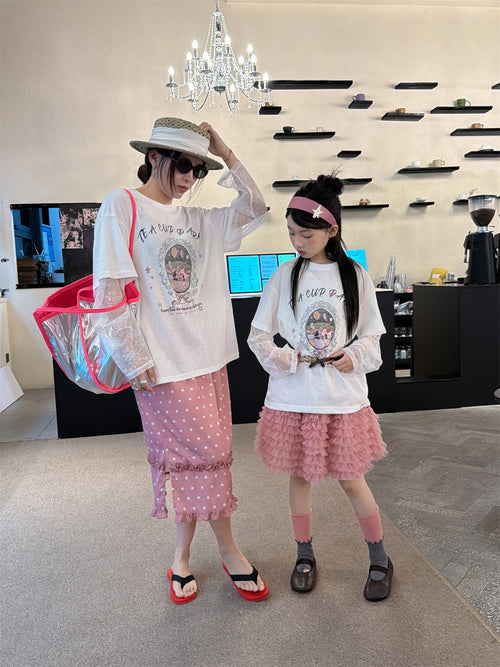 【100-160cm】【親子裝】假兩件蕾絲長袖防曬T