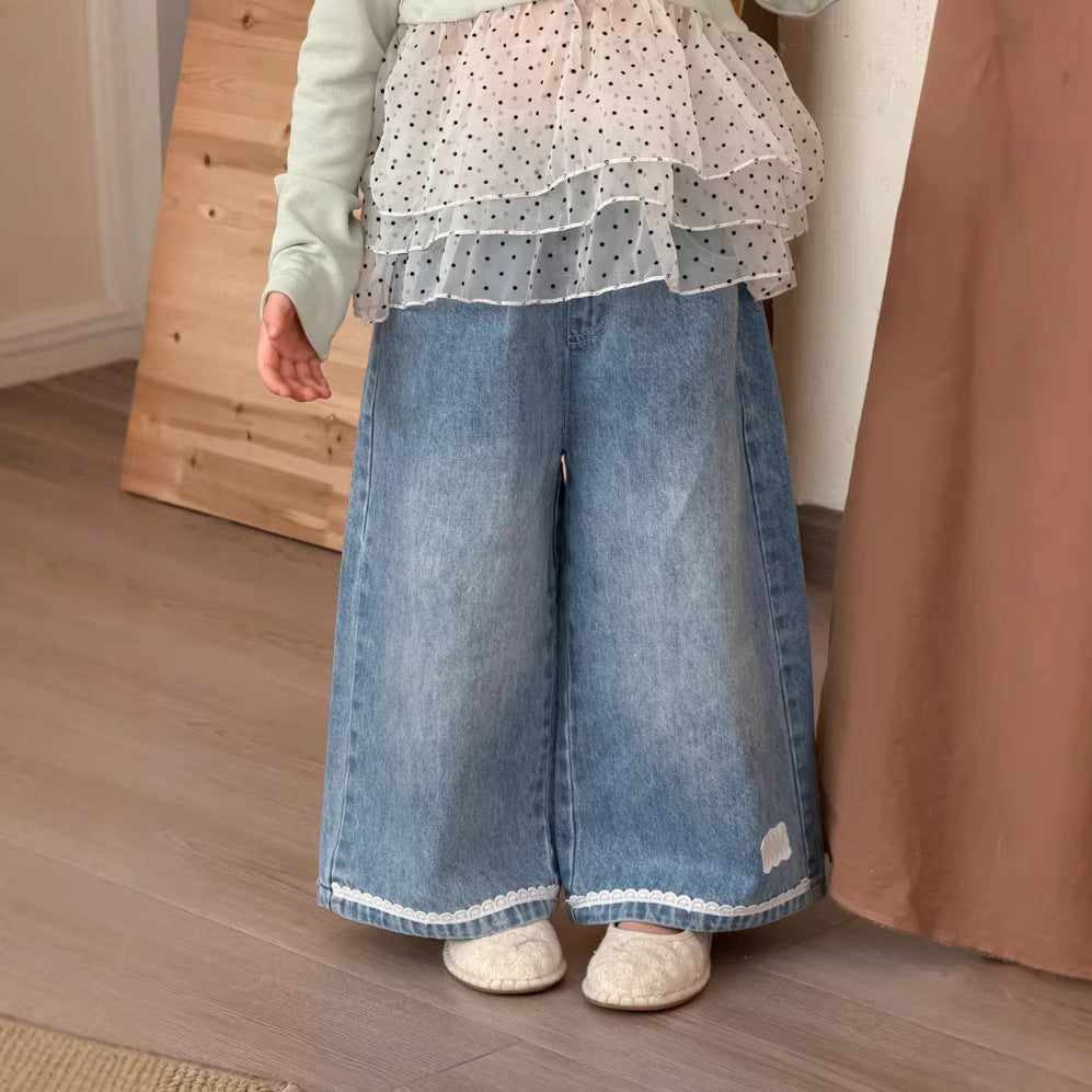 【90-140cm】韓版蕾絲花邊牛仔直筒褲