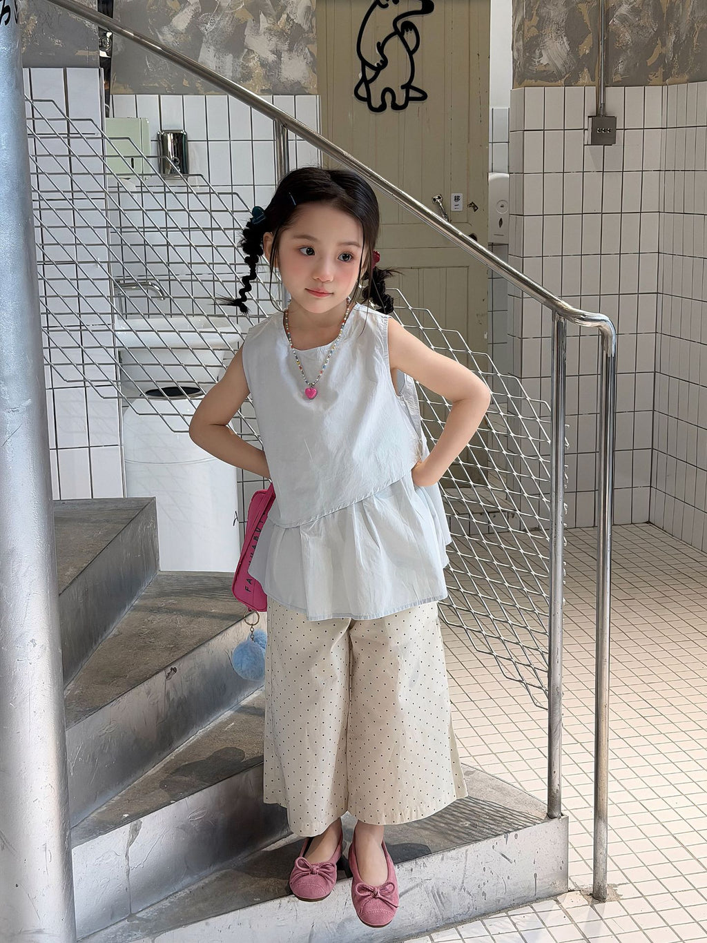 【100-160cm】娃娃衫+波點闊腿褲兩件套