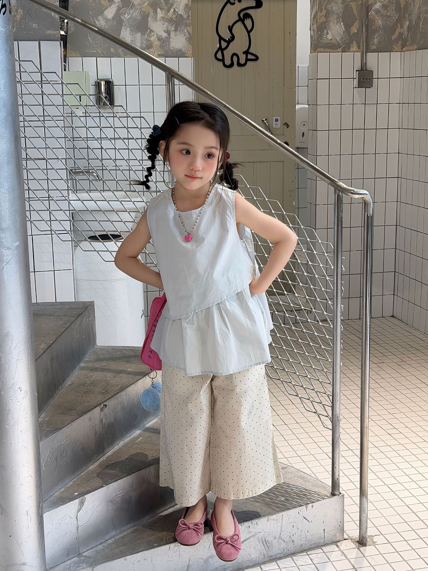 【100-160cm】娃娃衫+波點闊腿褲兩件套