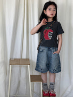 【120-160cm】復古色不規則牛仔中褲