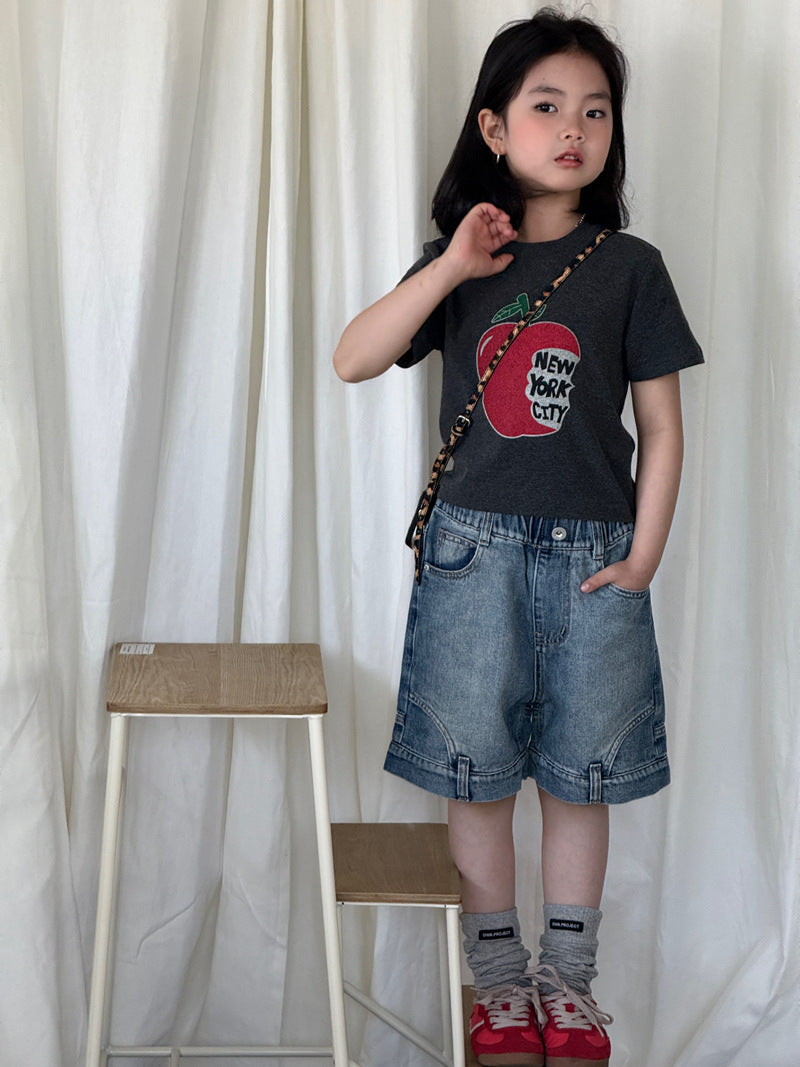 【120-160cm】復古色不規則牛仔中褲