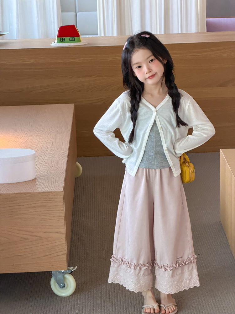 【100-170cm】甜美花邊冰感闊腿褲
