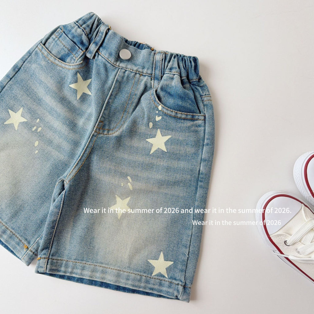 【90-150cm】復古星星印花牛仔五分中長褲