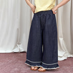 【100-170cm】韓系蕾絲花邊闊腿牛仔褲