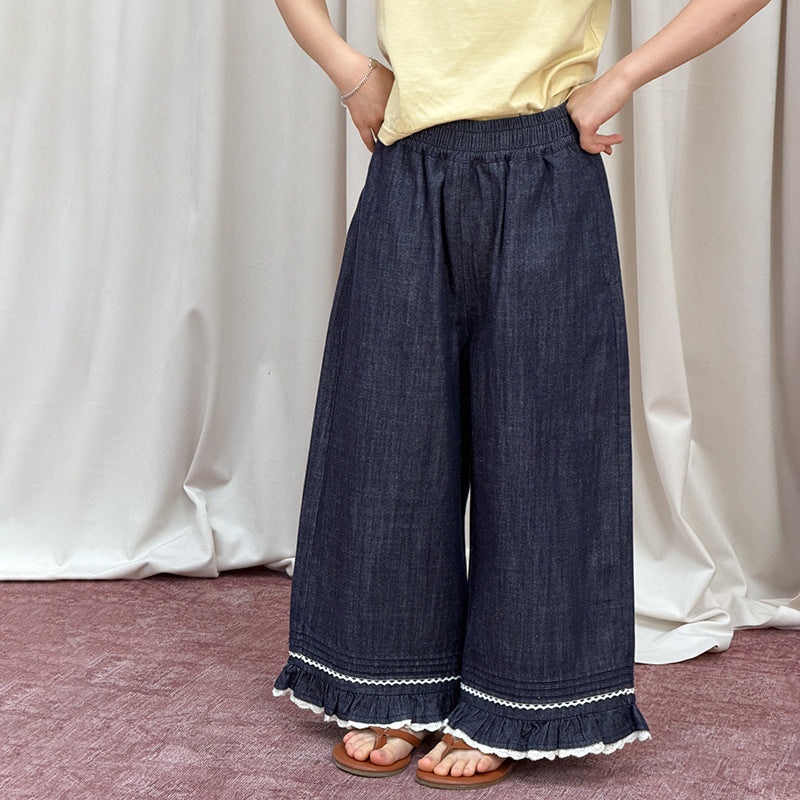 【100-170cm】韓系蕾絲花邊闊腿牛仔褲