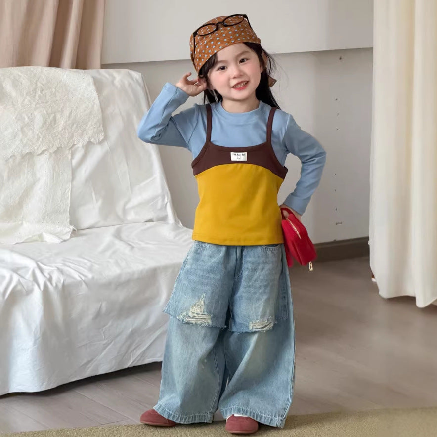 【90-140cm】時髦做舊直筒破洞牛仔褲