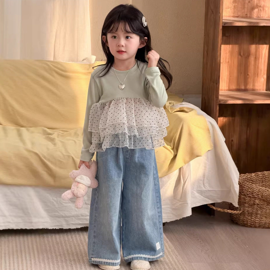 【90-140cm】韓版蕾絲花邊牛仔直筒褲