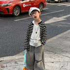 【90-160cm】韓版休閒針織防曬條紋開襟外套