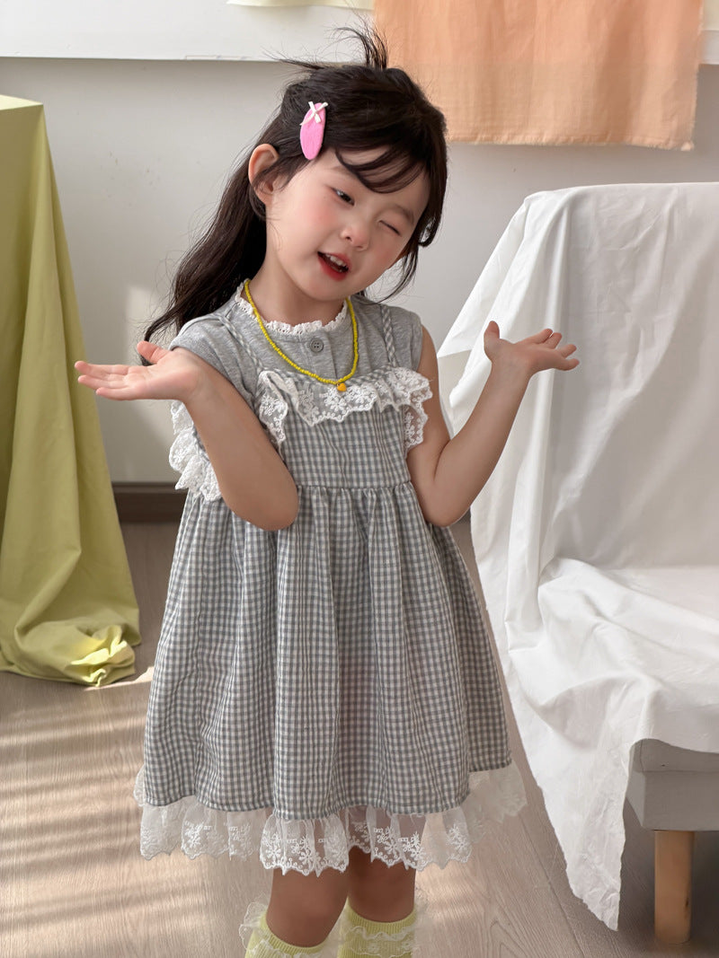 【90-140cm】韓版格子背心裙兩件套裝