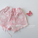 【90-150cm】粉色毛邊破洞牛仔褲