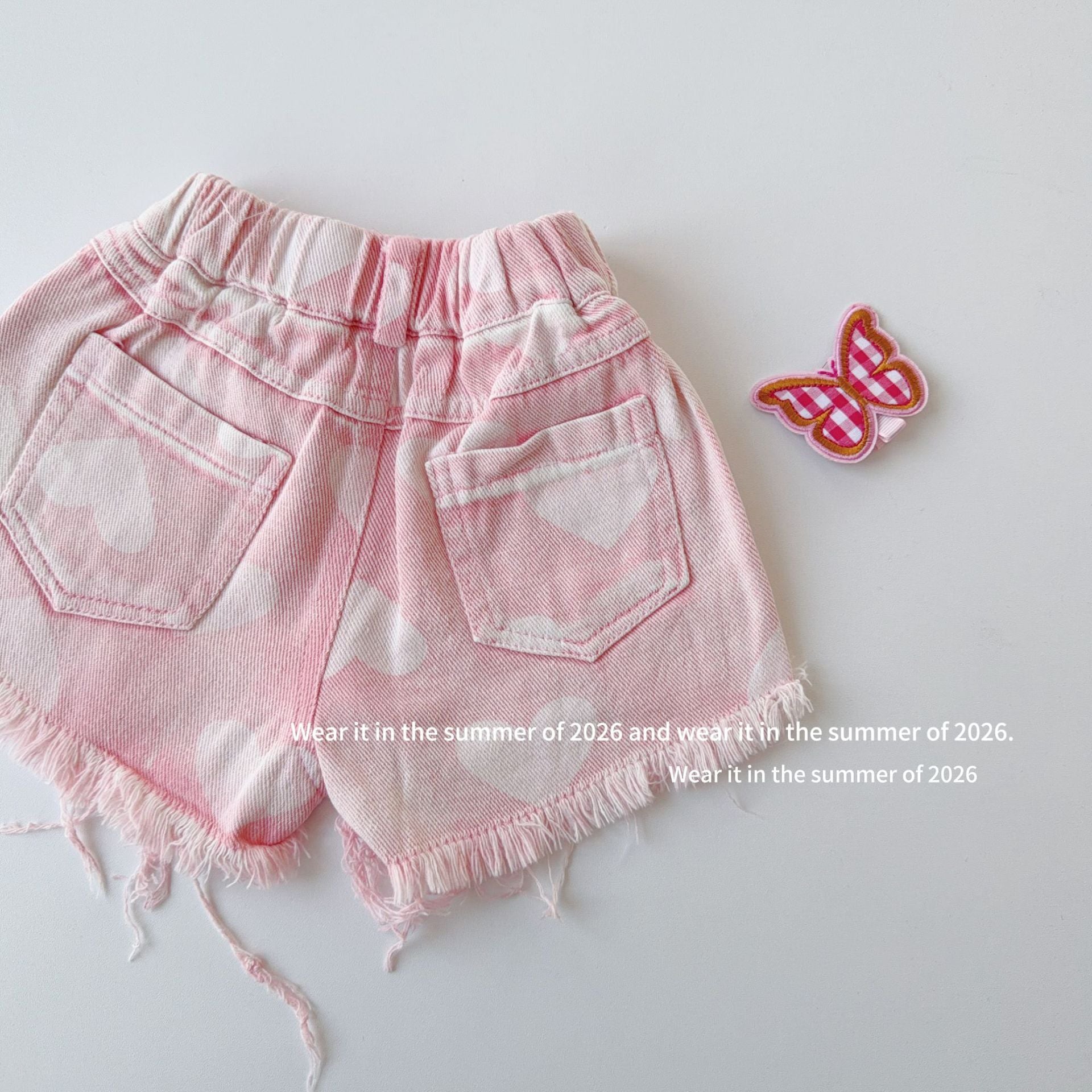 【90-150cm】粉色毛邊破洞牛仔褲