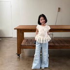 【120-160cm】彈性荷葉邊拼接短袖上衣