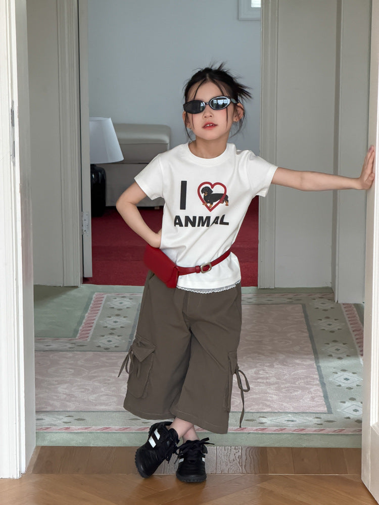 【100-170cm】臘腸狗愛心印花辣妹短版T