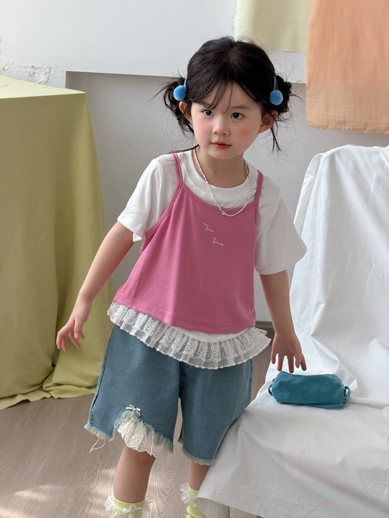 【90-140cm】韓版蕾絲短袖背心兩件套