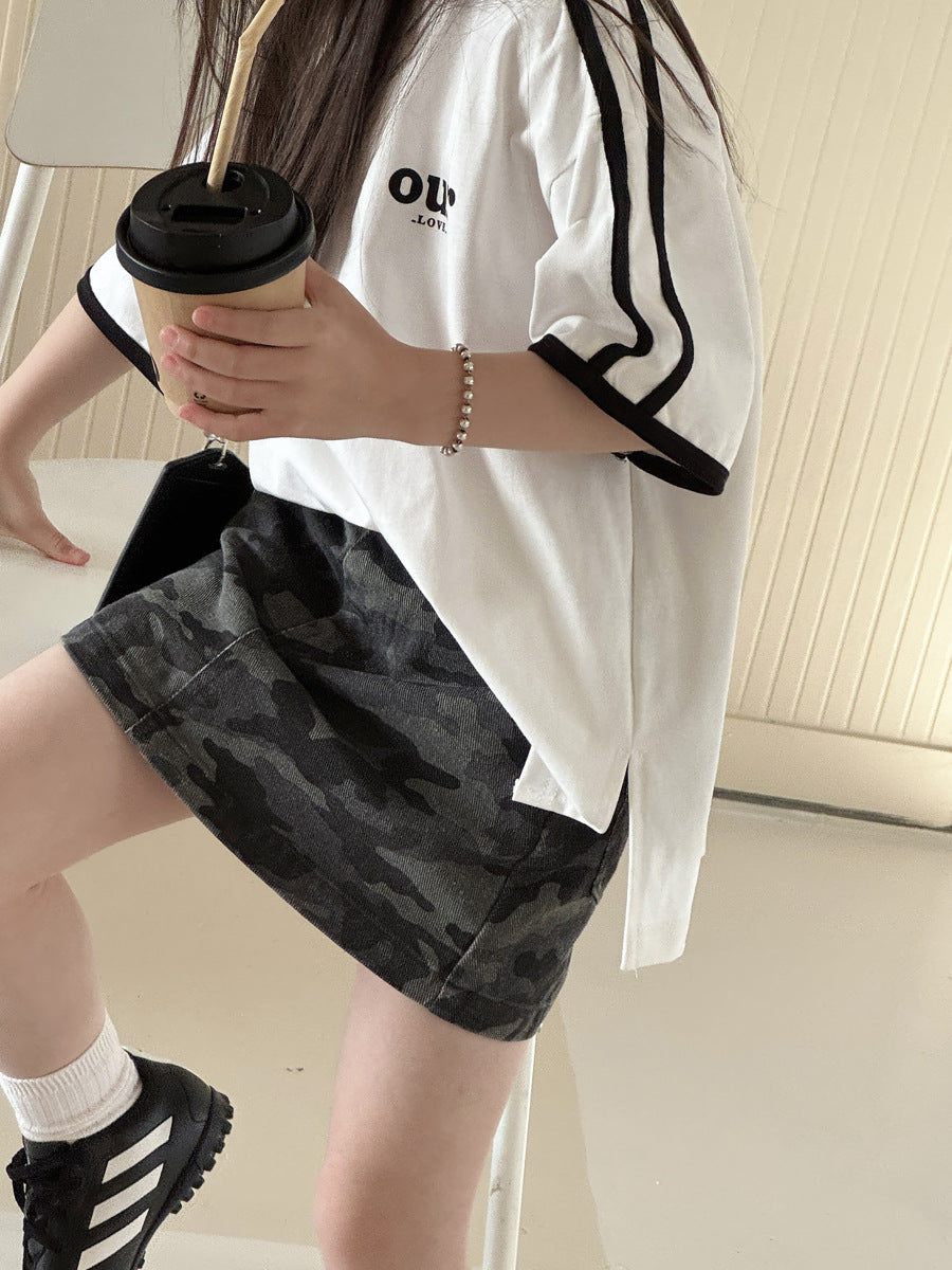 【100-150cm】高腰迷彩工裝牛仔半身裙