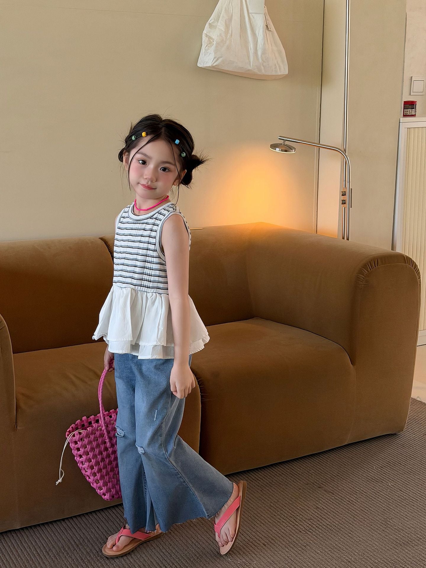 【100-160cm】條紋拼接荷葉邊背心