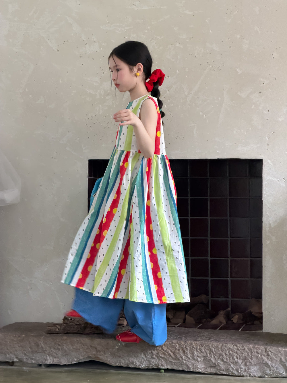 【100-160cm】韓版豎條紋彩色背心裙 | 套裝