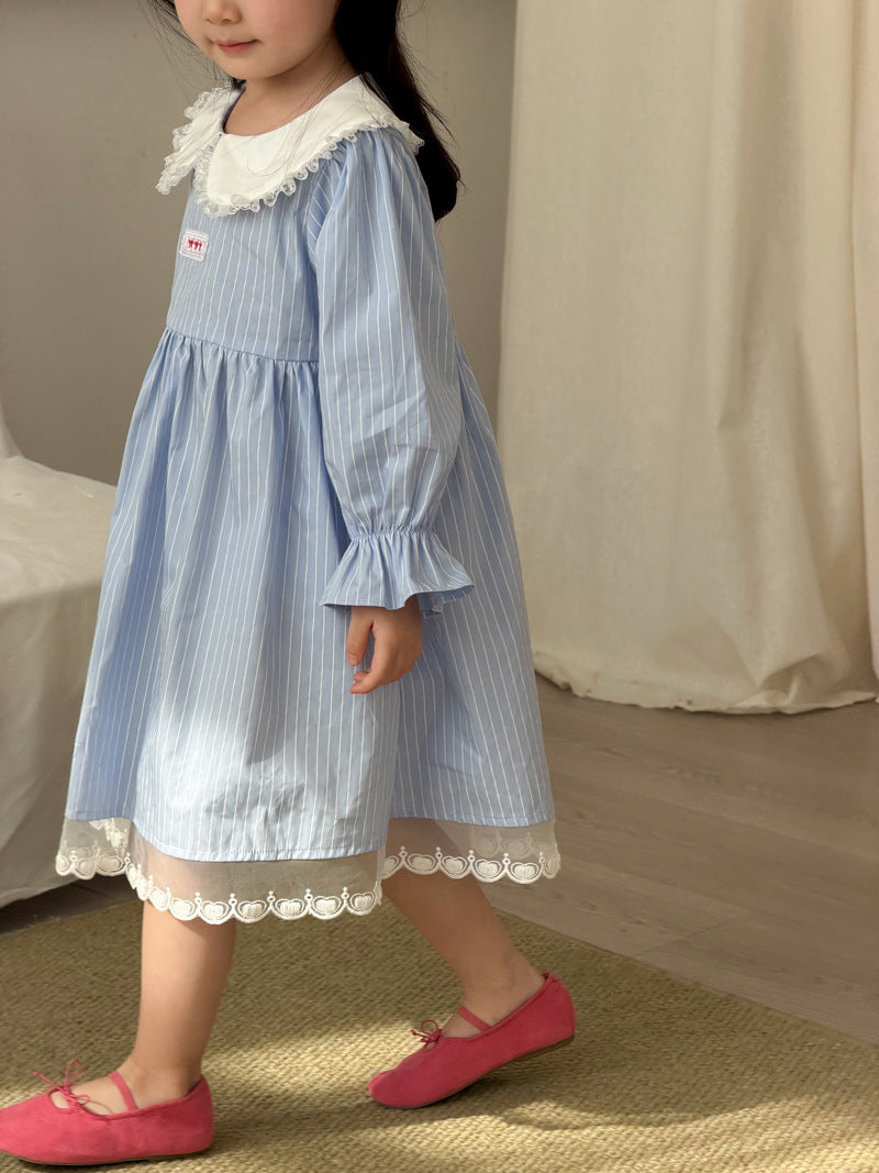 【90-140cm】條紋蕾絲棉布裙洋裝