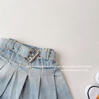 【90-150cm】荷葉邊鬆緊高腰牛仔百褶裙