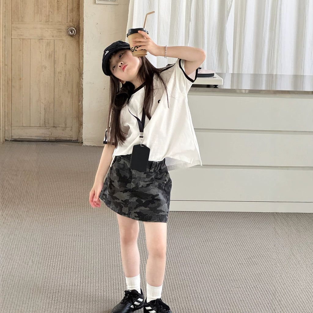 【100-150cm】高腰迷彩工裝牛仔半身裙