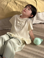 【90-140cm】荷葉邊蕾絲口袋短袖上衣