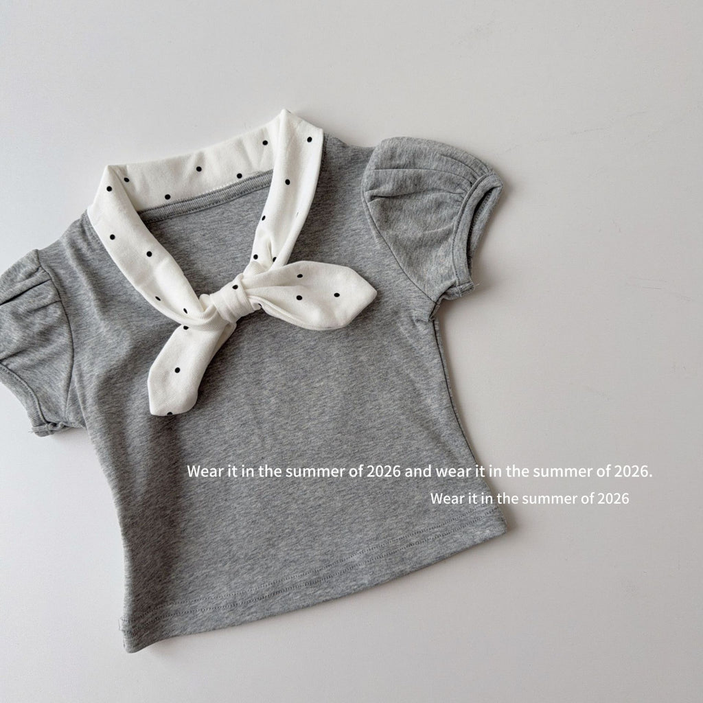 【90-150cm】復古波點蝴蝶結領短袖T