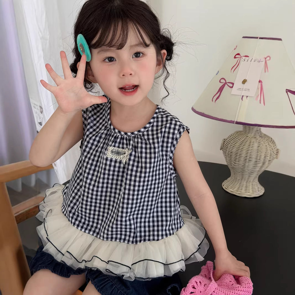 【90-140cm】韓版格子拼網紗背心