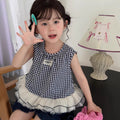 【90-140cm】韓版格子拼網紗背心