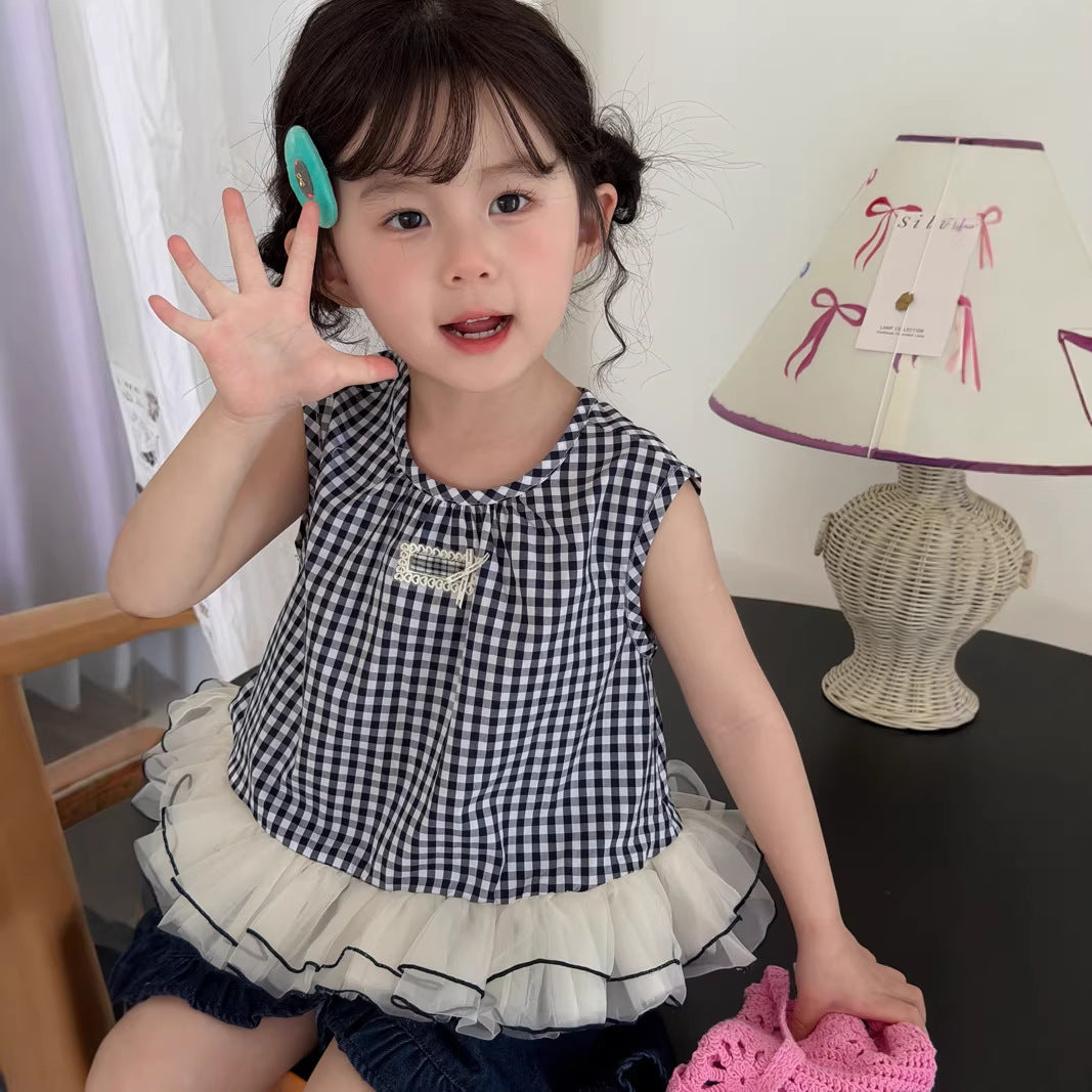 【90-140cm】韓版格子拼網紗背心