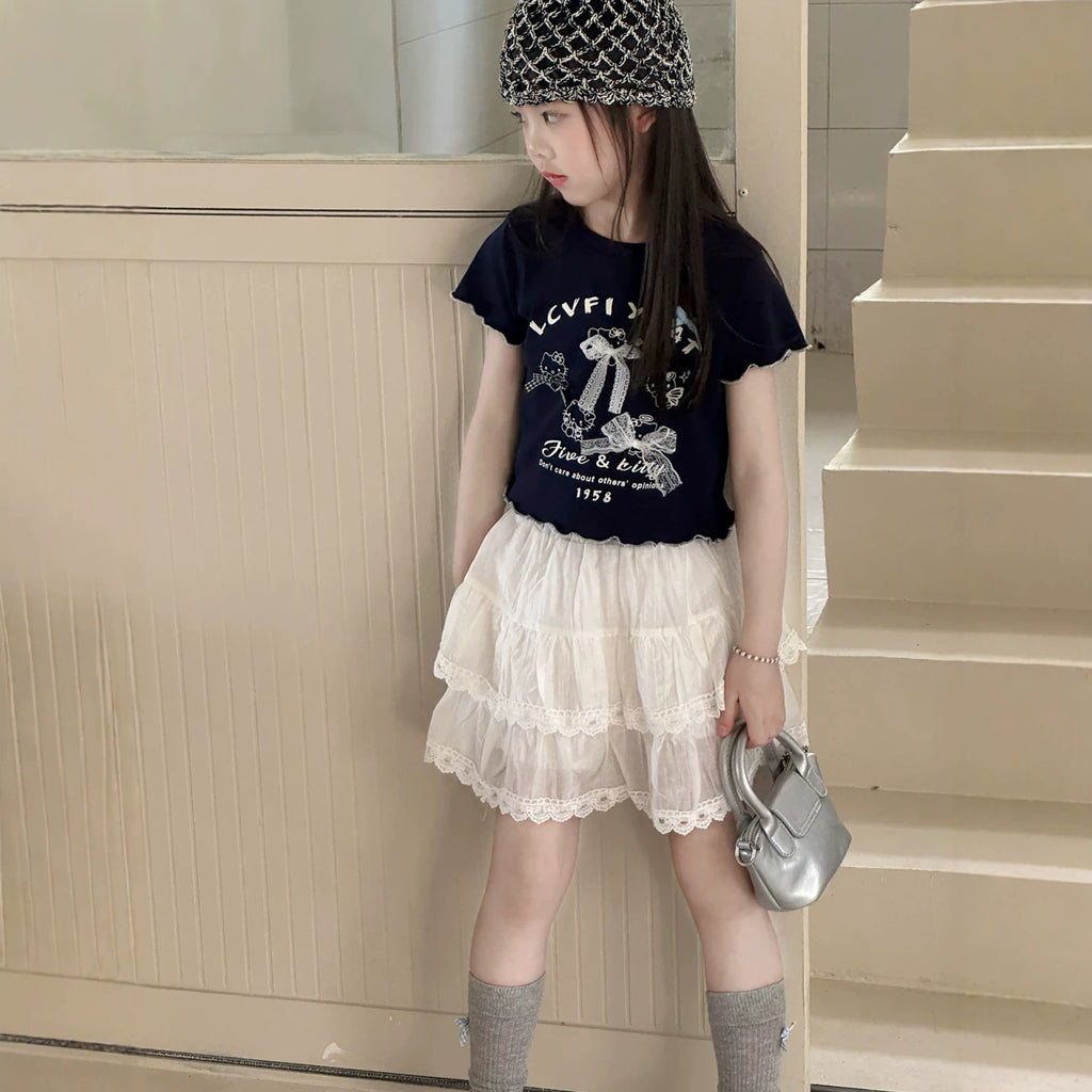 【100-150cm】甜美蕾絲蝴蝶結T