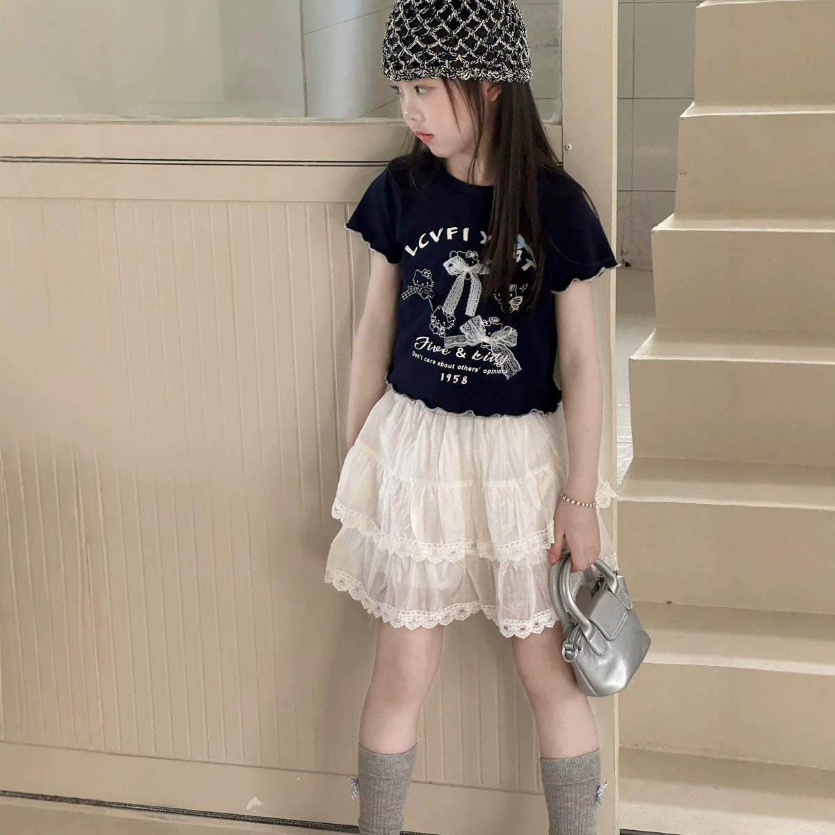 【100-150cm】甜美蕾絲蝴蝶結T