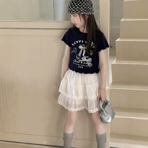【100-150cm】甜美蕾絲蝴蝶結T