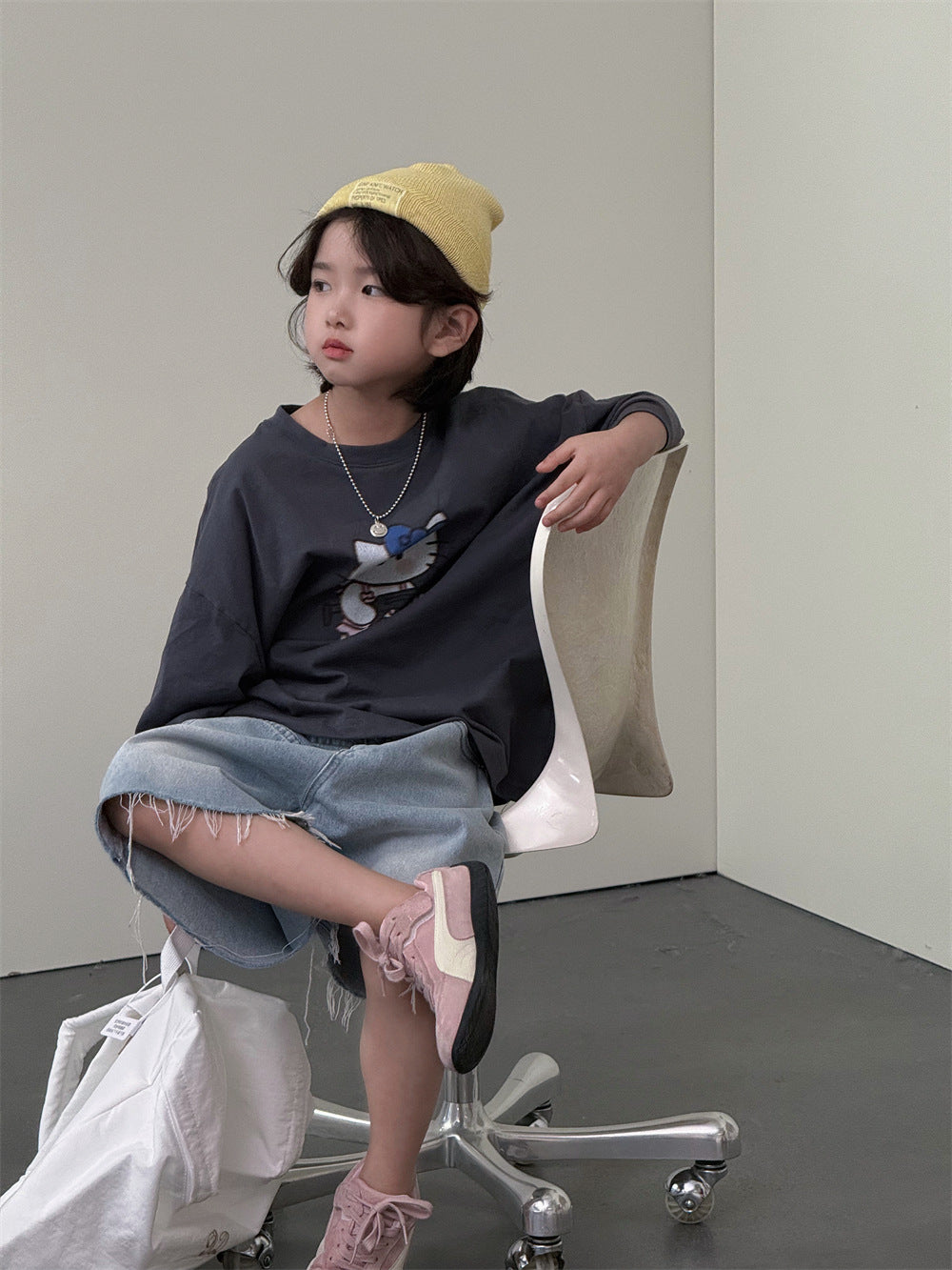 【100-160cm】毛邊牛仔流蘇破邊五分褲