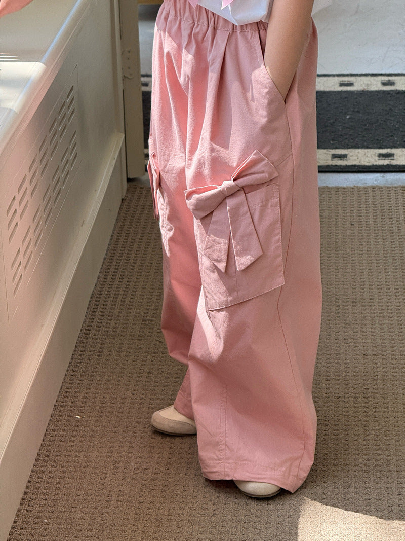 【120-160cm】韓版口袋大蝴蝶結工裝褲