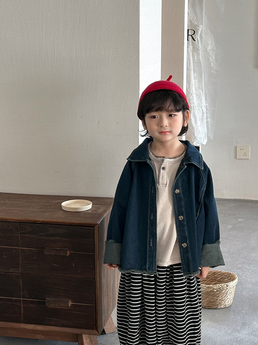 【80-140cm】復古毛邊牛仔外套