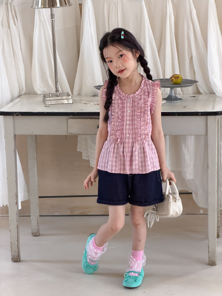 【100-170cm】清新木耳花邊格子背心
