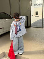 【90-160cm】韓版寬鬆休閒印花連帽襯衫