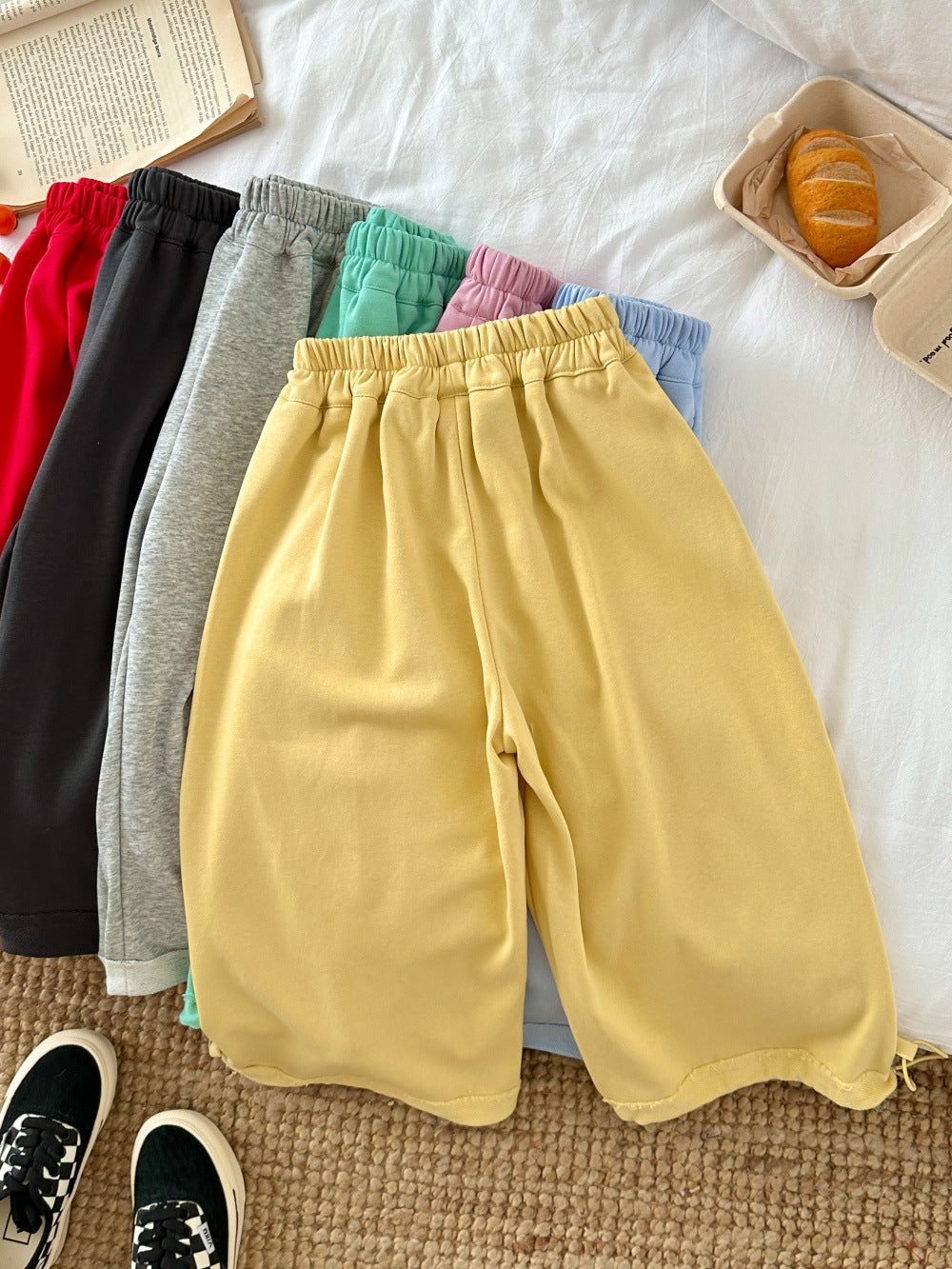 【100-160cm】純色抽繩兩穿百搭寬鬆褲