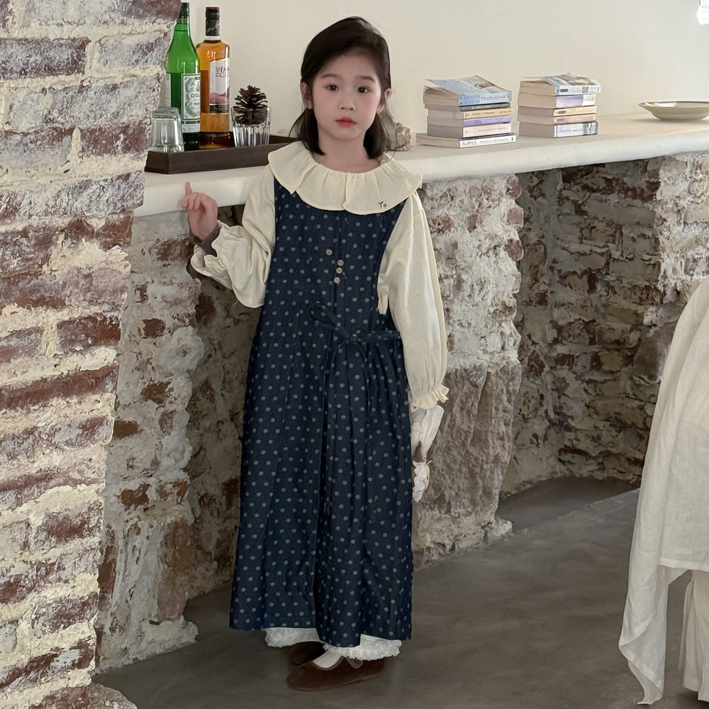 圓點繫帶長袖牛仔背心裙