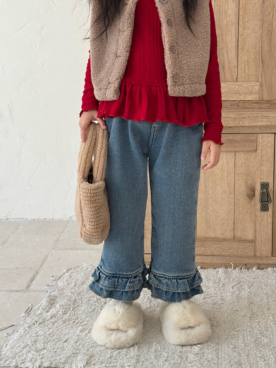 【現貨 110cm】【加絨】花邊褲腳直筒褲