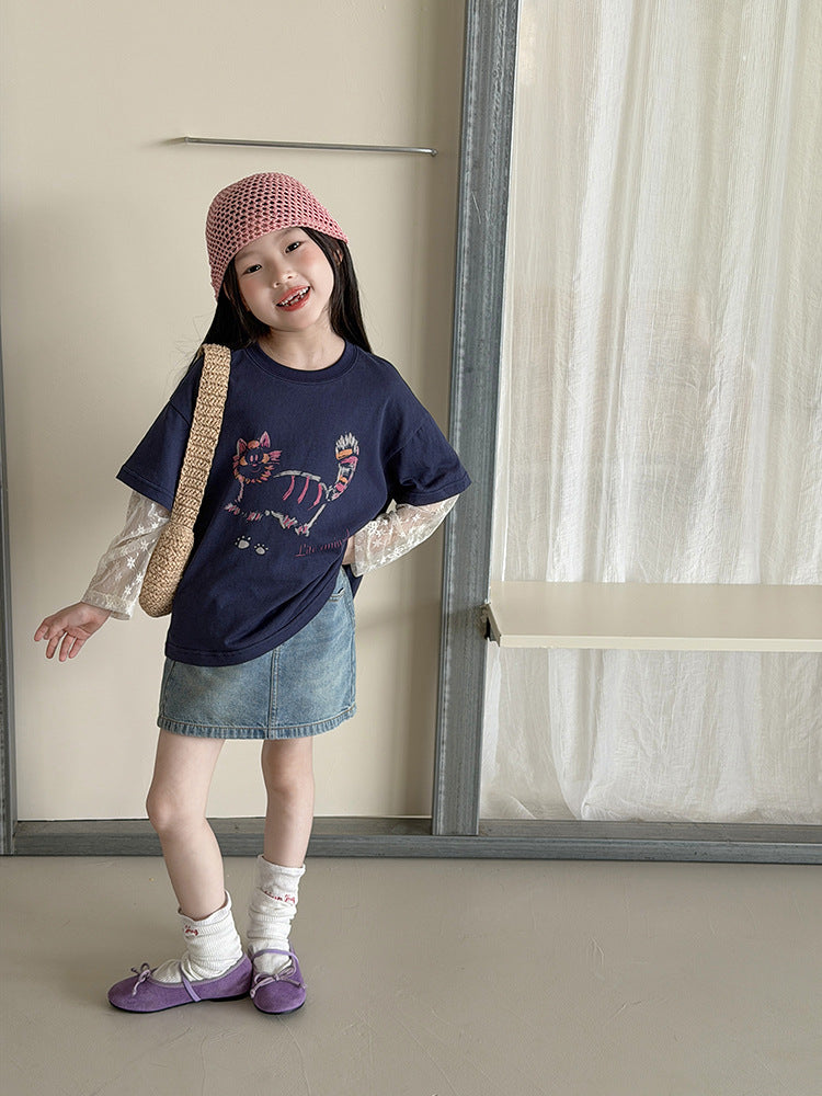 【100-170cm】氛圍感韓系甜美假兩件防曬蕾絲袖T