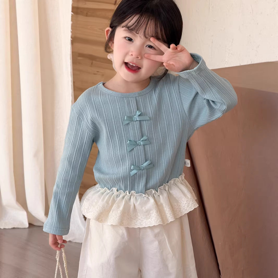 【90-140cm】蕾絲花邊蝴蝶結上衣