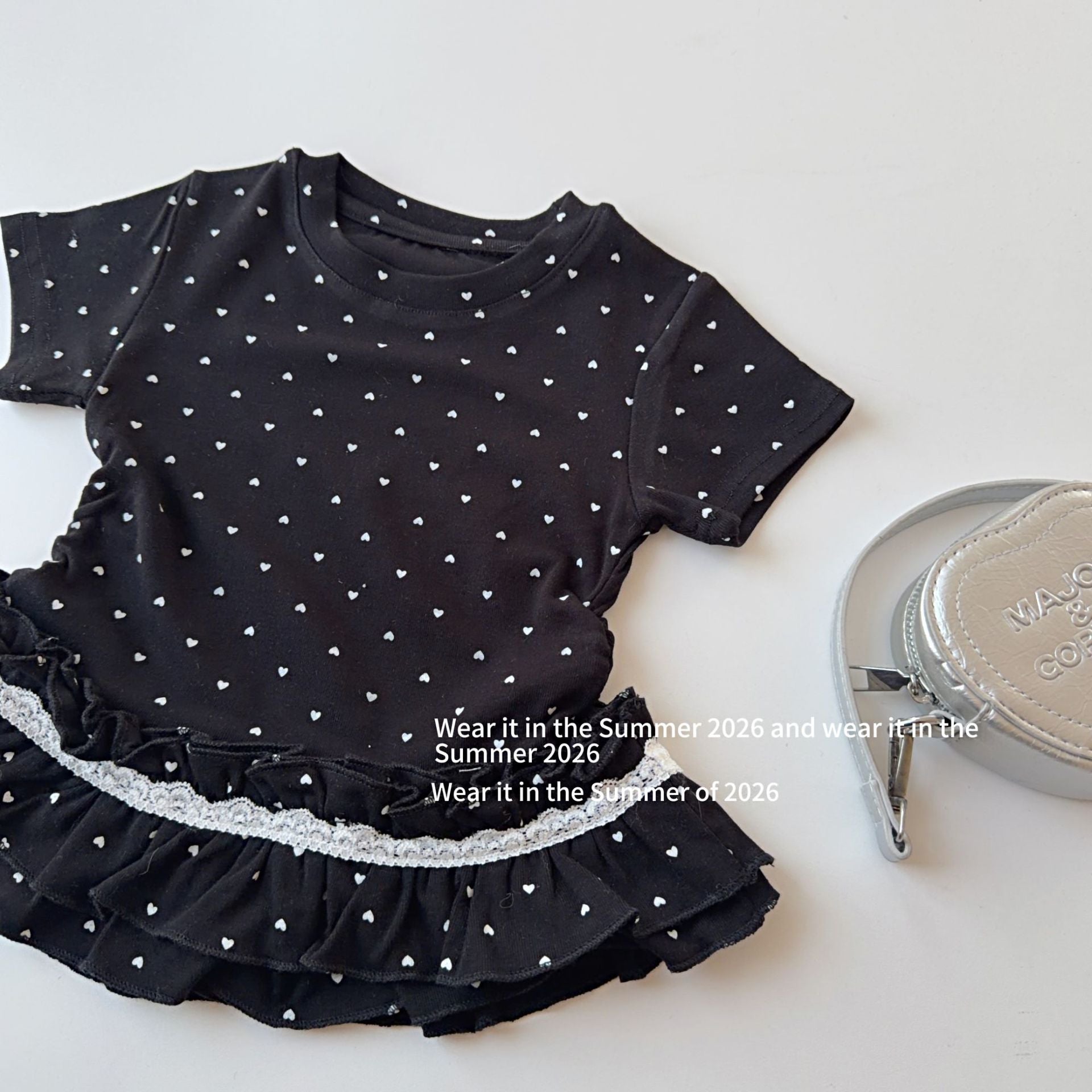 【90-150cm】愛心波點蕾絲花邊下擺上衣