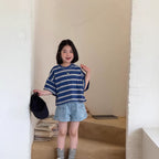 【120-160cm】韓版藍白條紋寬鬆T