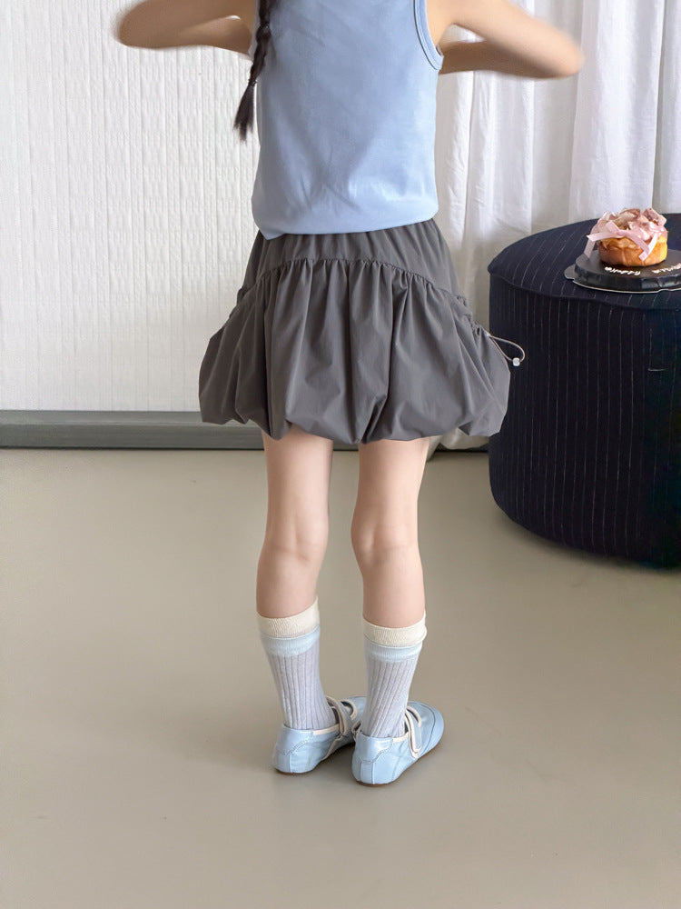 【100-170cm】甜美可愛雙側抽繩褶皺花苞短裙