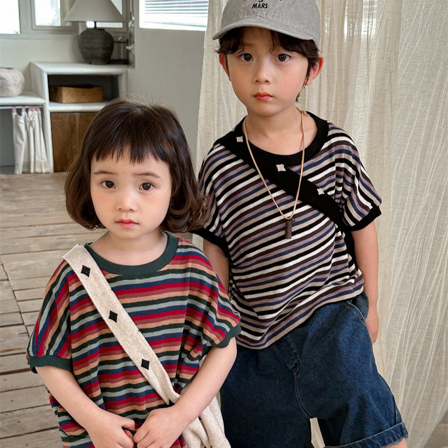【80-140cm】寬鬆彩色條紋T