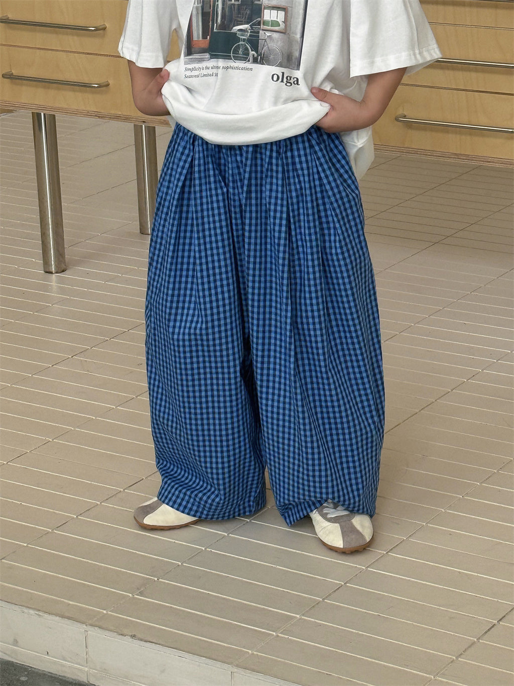 【100-160cm】韓系寬鬆休閒藍格紋闊腿褲