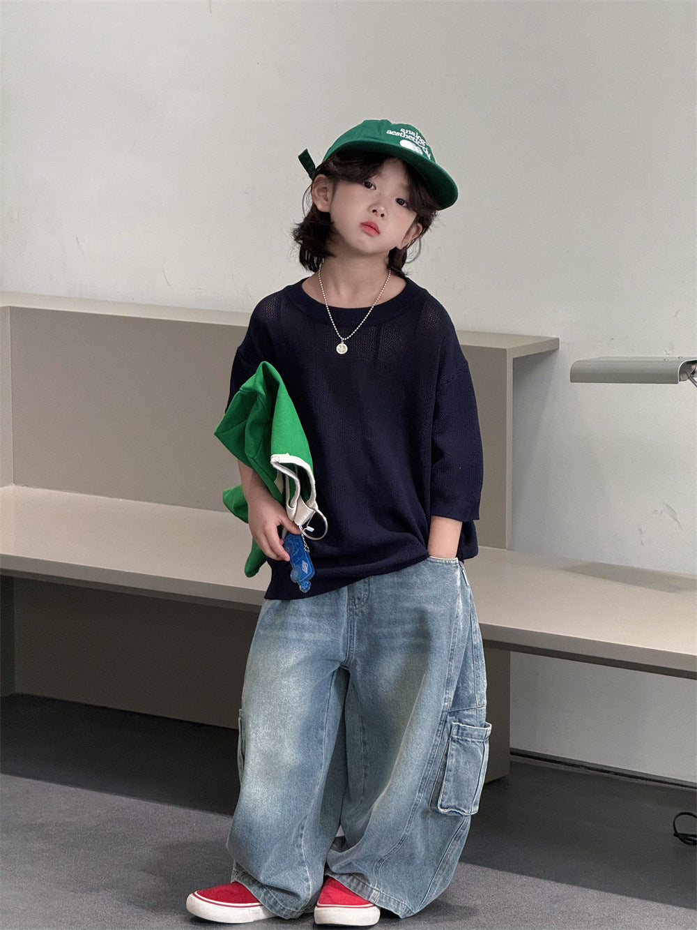 【100-160cm】韓系休閒彎刀牛仔褲